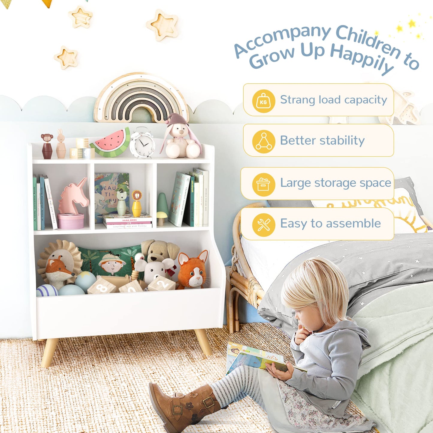 Curipeer White 3-Tier Kids Bookshelf and Toy Storage Organizer - WoodArtSupply