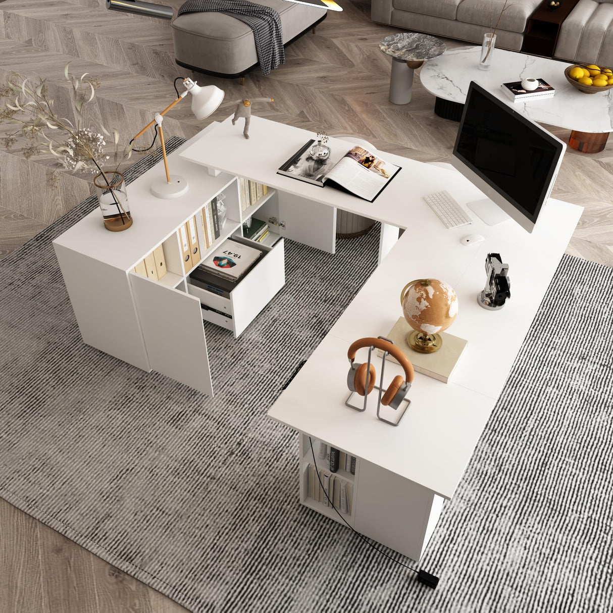 Homsee Electric Height Adjustable Standing Desk with Storage Cabinet, U-Shaped Computer Desk with Drawer & Open Shelves for Home Office, Workstation Desk for Writing Study Work Executive, White Homsee