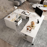 Homsee Electric Height Adjustable Standing Desk with Storage Cabinet, U-Shaped Computer Desk with Drawer & Open Shelves for Home Office, Workstation Desk for Writing Study Work Executive, White Homsee