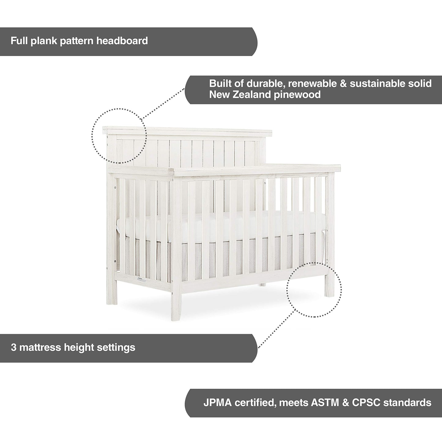 Sweetpea Baby Red Wood 4-in-1 Convertible Crib in Weathered White, Greenguard Gold Certified