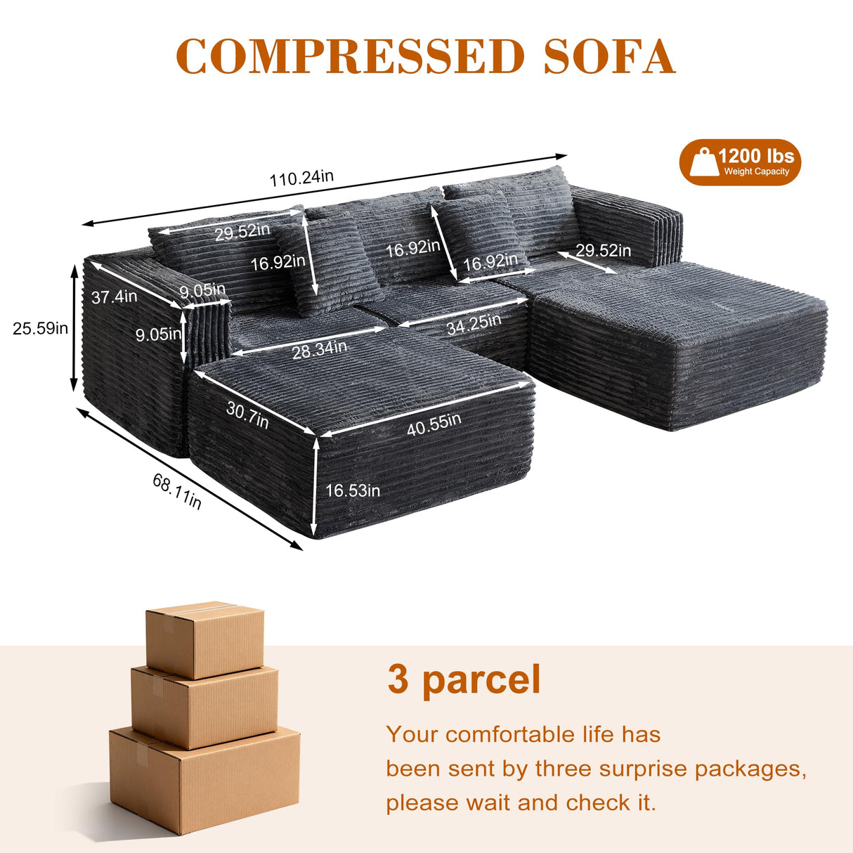110 Corduroy Modular Sectional Boneless Sofa with 2 Ottomans, Convertible Cloud Couch with Deep Seats, Fluffy Memory Foam U Shaped Couch for Living Room, No Assembly Required, Black (Gray) Garaneeds