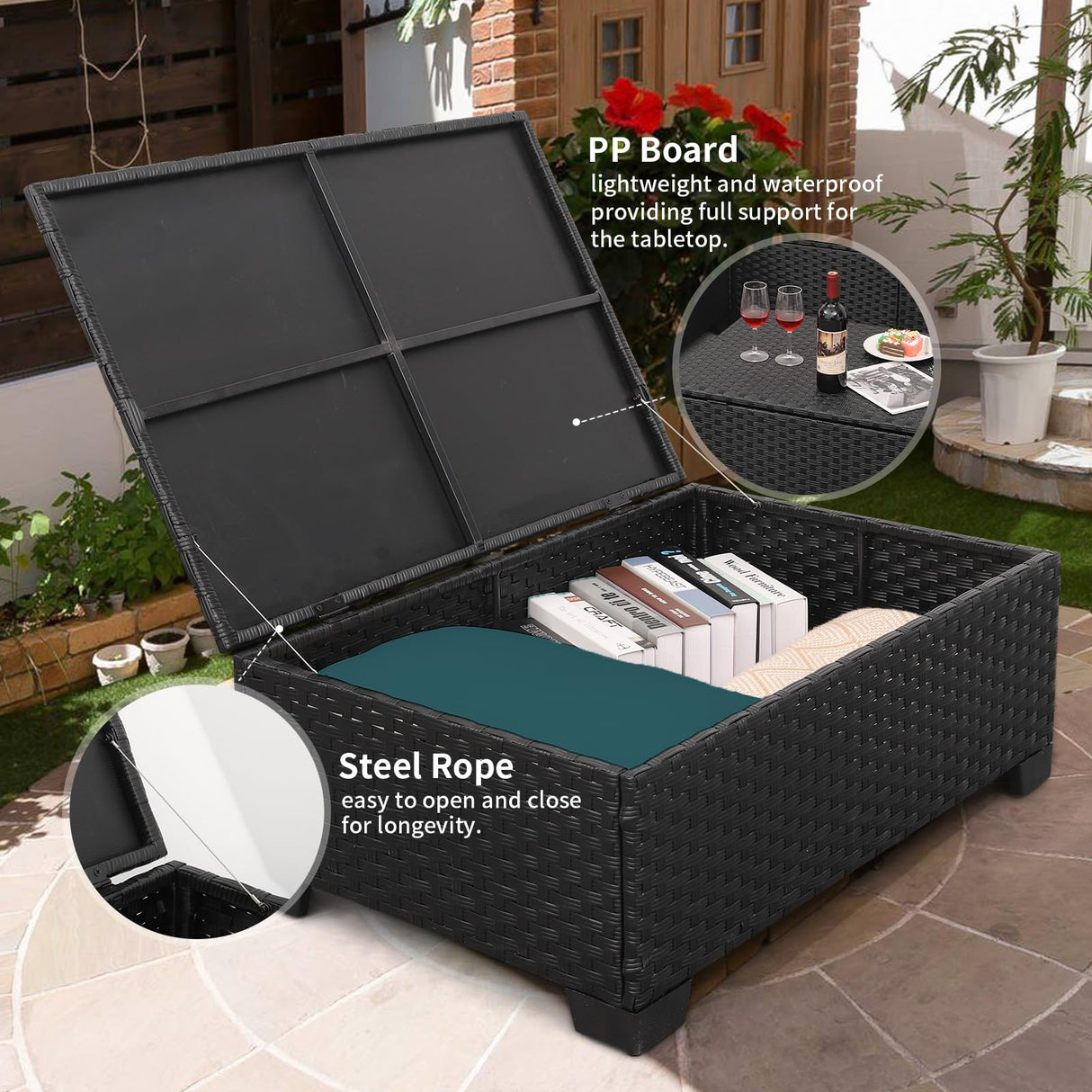 Rattaner 4 Pieces Patio Furniture Set Outdoor Sectional Wicker Patio Furniture Long Patio Couch with Ottoman and Outdoor Storage Table Weathering Rattaner