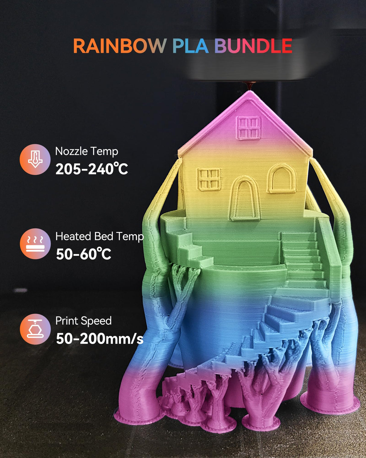 TECBEARS 250G PLA Rainbow Filament, PLA 3D Printer Filament Rainbow, Neatly Wound PLA Bundle, Fast Color Change Each 8 Meters, Dimensional Accuracy +/- 0.02mm, 4 Pack 250g Spool TECBEARS