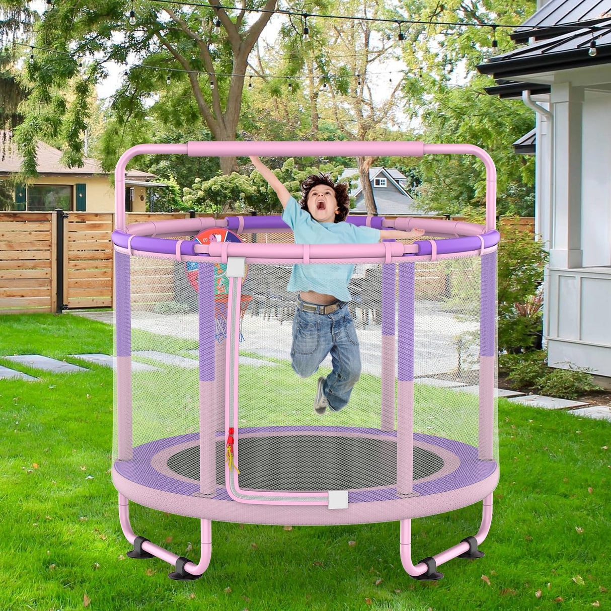LANGXUN 60" Trampoline for Kids, 5ft Toddler Mini 6-in-1 Trampoline Indoor Outdoor with Swing, Basketball Hoop, Dart Board, Gymnastics Bar, Rings, Christmas Toys Birthday Gifts for Girls Boys Age 1-8 LANGXUN