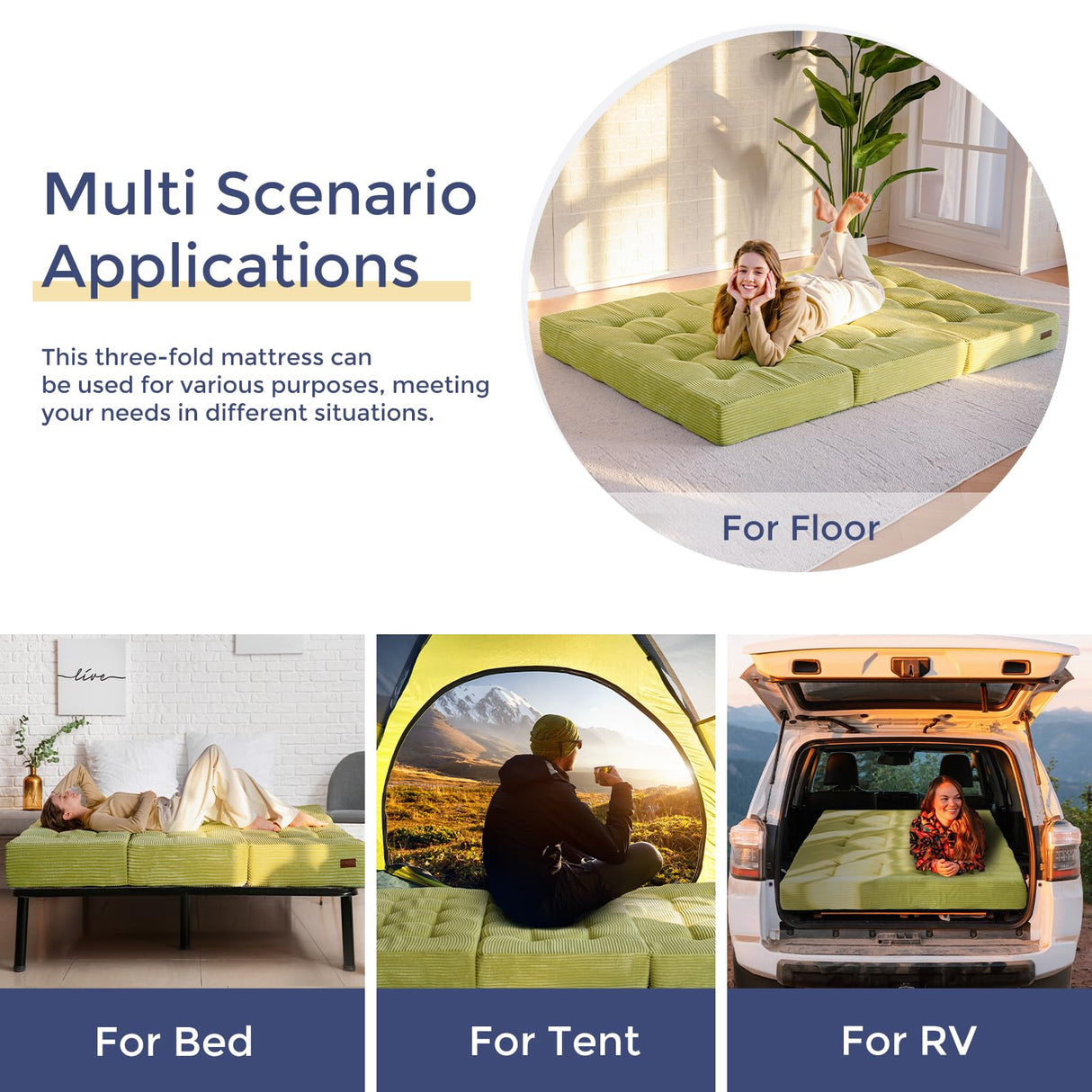 MAXYOYO Tri-Fold Mattress, 6 Inch Tufted Folding Mattress Full Foam Bed, Foldable Floor Couch Guest Bed Topper Portable Camping Sleeper with Corded Fabric, Green, 53"x75" MAXYOYO