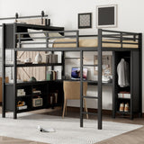 Queen Loft Bed Frame with Wardrobe and Storage Cubes, Queen Size Loft Bed with Desk and Storage Shelf, Heavy Duty Loft Beds with Guardrail, Noise Free Design, Adult Loft Bed Frame, Black Bellemave