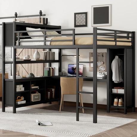 Queen Loft Bed Frame with Wardrobe and Storage Cubes, Queen Size Loft Bed with Desk and Storage Shelf, Heavy Duty Loft Beds with Guardrail, Noise Free Design, Adult Loft Bed Frame, Black Bellemave