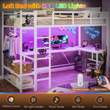 Itaar Twin Loft Bed with L-Shaped Desk, LED Lights and Charging Sation, Loft Bed Twin Size with 3-Tier Storage Shelves and Clothes Rail, Safety Guard & Ladder, No Box Spring Needed, White Itaar