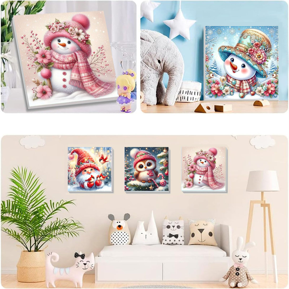 4 Pack Christmas Paint by Number for Kids with Wooden Frame, Paint by Numbers for Kids Xmas Ages 4-8-12, Easy Gnome Snowmen Owl DIY Acrylic Oil Painting Kits for Home Wall Decor (8X8 inch) xackcme