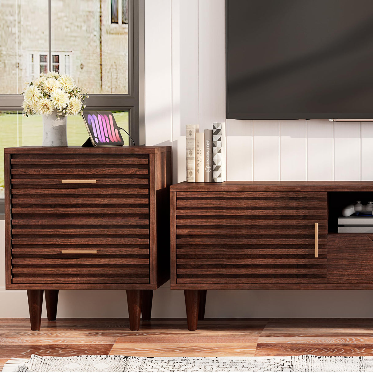 Night Stand with Charging Station Set of 2, Side Table with 2 Drawers, Mid Century Modern End Table with Storage, Wood Bedside Table with USB Ports and Outlets, Nightstand for Bedroom, Brown 2PCS Alohappy