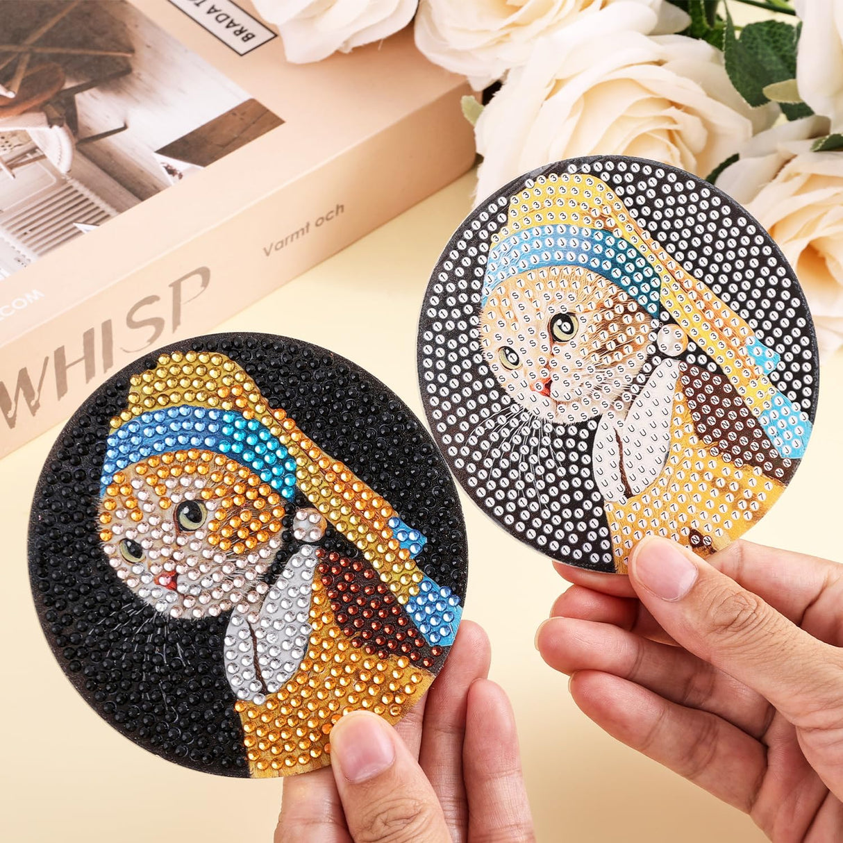 Whimsical Cat Masterpieces Diamond Art Painting Coasters Kits for Adult, 8Pcs DIY Crafts Non Slip Coaster Pads with Holder, Featuring Famous Art with Cats, Vibrant Resin Gems, Heat Resistant Drink Mat VYRANA