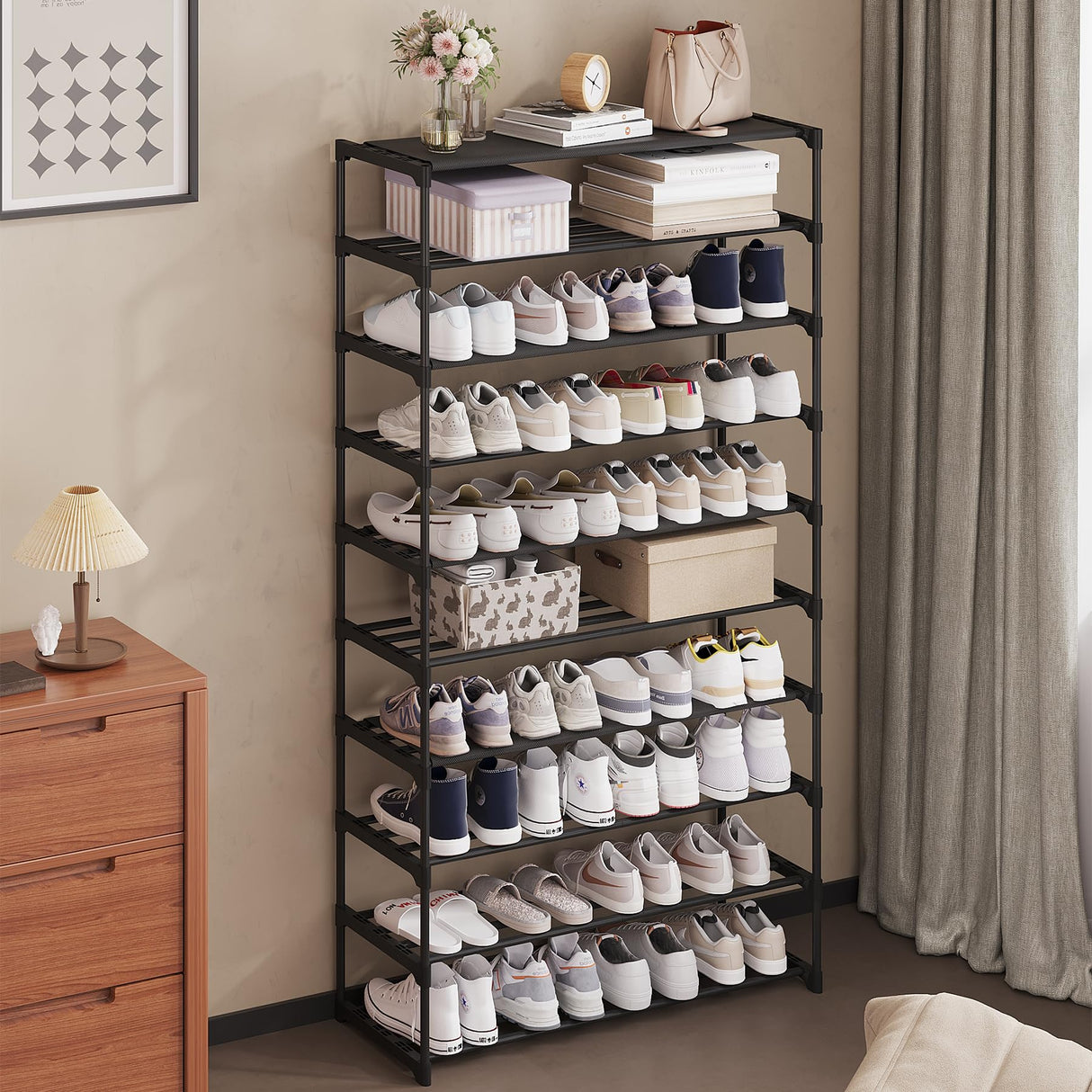 Calmootey 10-Tier Shoe Rack, Tall Large Capacity 50 Pairs Shoes Storage Organizer, Stackable Wide Shoe Shelf for Entryway, Hallway, Black Calmootey