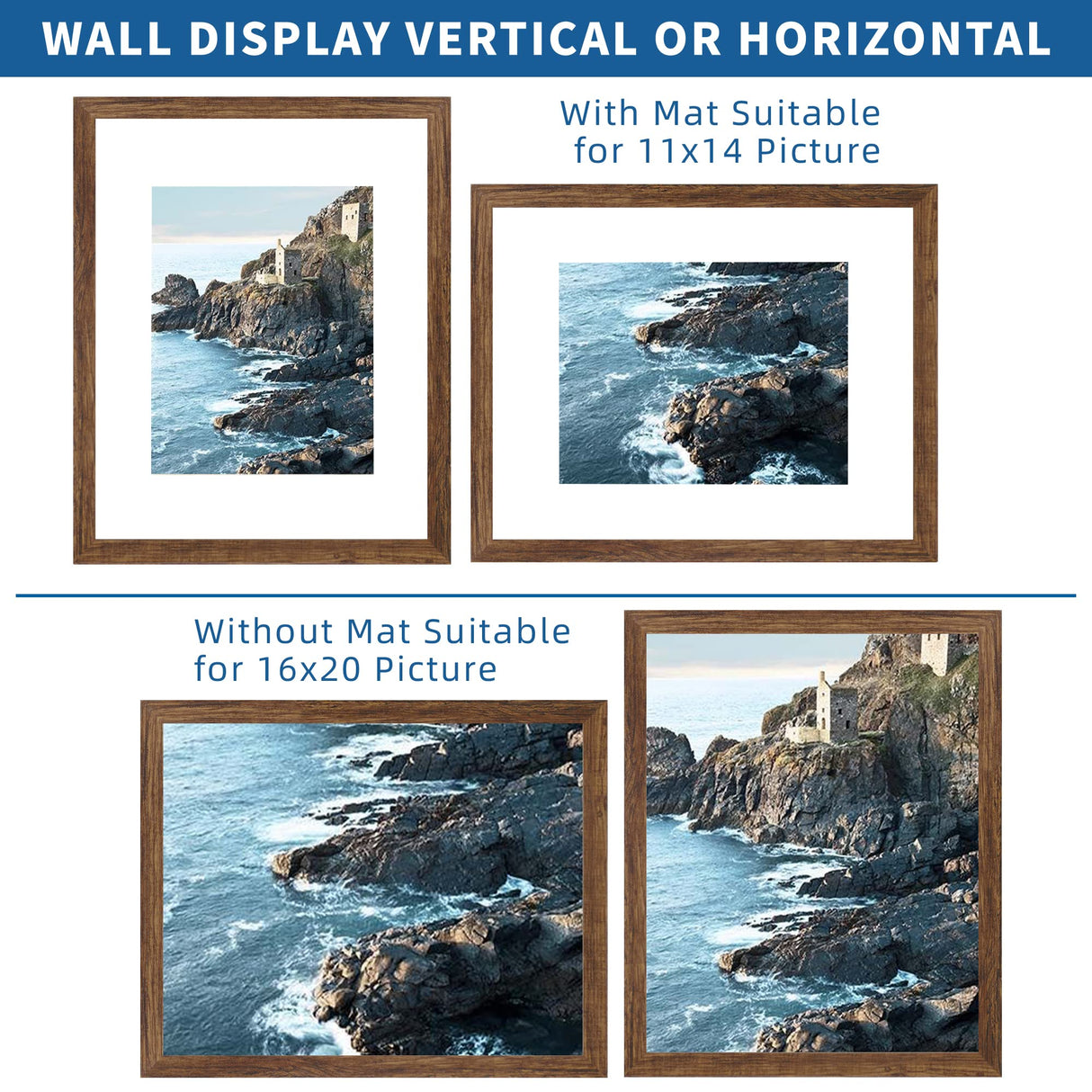 Hongkee 16x20 Frames Set of 2, Rustic Brown Wood Style - Display 16 x 20 Picture without Mat or 11x14 Picture with Mat, Wall Mounting Horizontal and Vertical Hongkee