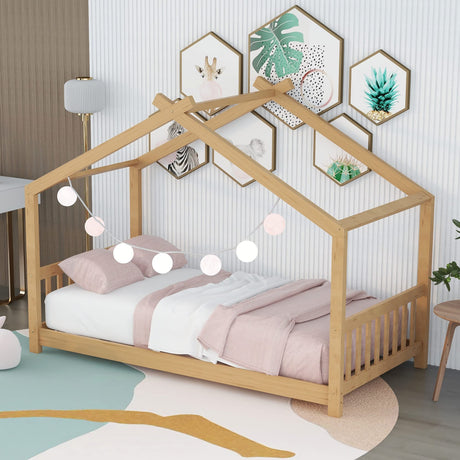 Harper & Bright Designs Twin House Bed for Kids, Floor Bed Frame Twin with Headboard and Footboard, Wooden Twin Kids Bed Montessori Floor Bed for Toddlers, Girls, Boys,Natural Harper & Bright Designs