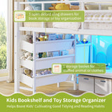 DICTAC Low Loft Bed Twin Size with Reading Corner Metal Twin Loft Bed with LED Lights,Sling Drawers and Bookshelf,loft Bed with Storage Basket and Bins,13.98" H Safety Guardrail and Stairs,White DICTAC