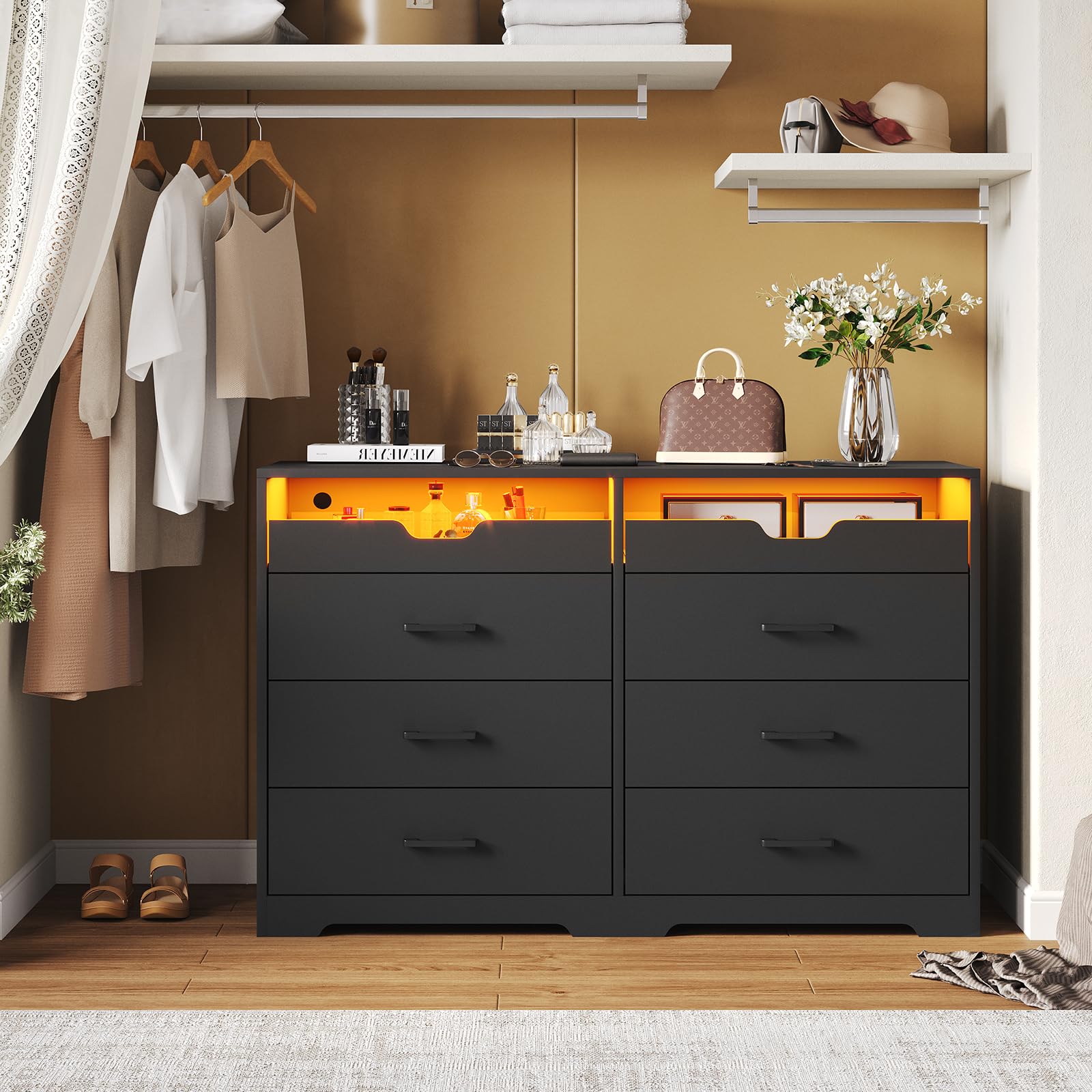 Hasuit Dresser with LED Lights for Bedroom, Double Dresser with 6 Drawers and 2 Pull-Out Tray, Black Chest of Drawers Bedroom Storage Organizer, Dimensions 15.6" D x 42.6" W x 30.1" H - WoodArtSupply