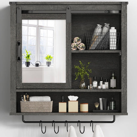 RoyalCraft 28in Bathroom Cabinet Wall Mount with Sliding Mirror Door, Over The Toilet Storage Cabinet, Farmhouse Medicine Cabinet with Shelves and Towel Bar for Living Room, 28" W x 29" H, Dark Grey RoyalCraft