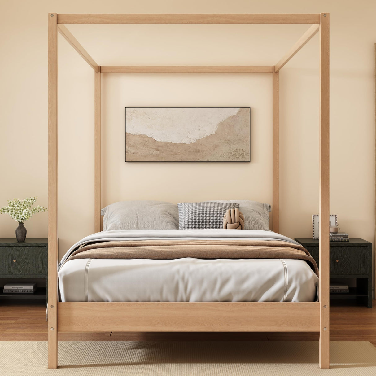 RuiSiSi Queen Canopy Bed, 4 Poster Queen Size Canopy Bed Frame, Solid Platform Bed with Wood Slats Support, No Box Spring Needed, Natural RuiSiSi