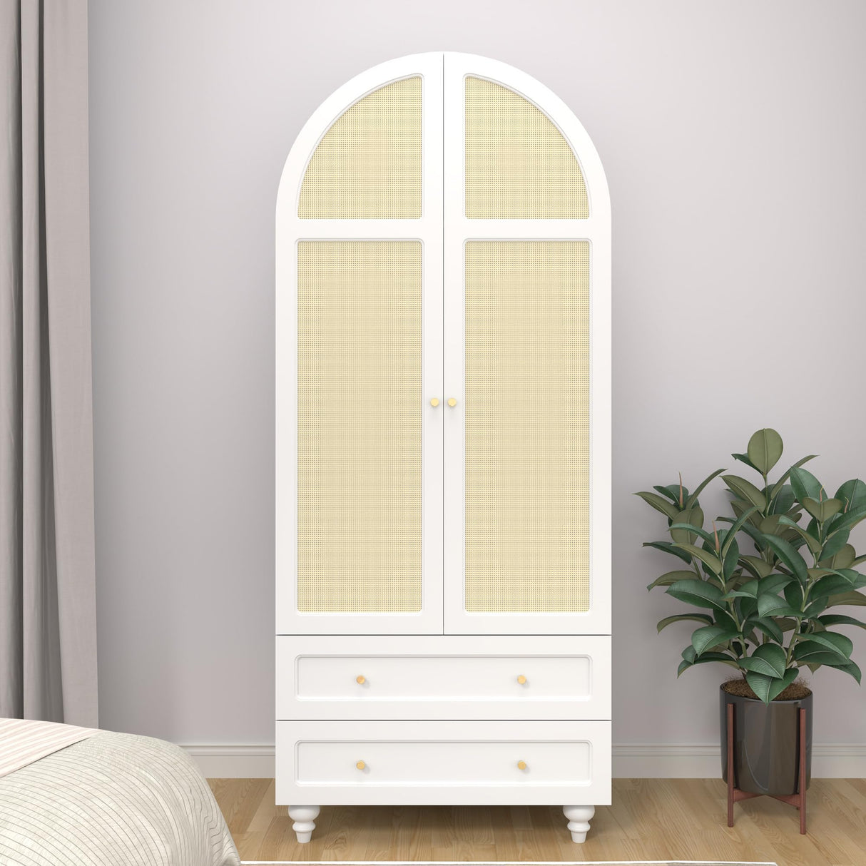 YUCHIATH Arched Armoire Wardrobe Closet with 2 Rattan Doors, Wooden Wardrobe Closet with 2 Drawers, 74.8 "H Bedroom Armoires with Hanging Rod (White) YUCHIATH