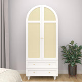 YUCHIATH Arched Armoire Wardrobe Closet with 2 Rattan Doors, Wooden Wardrobe Closet with 2 Drawers, 74.8 "H Bedroom Armoires with Hanging Rod (White) YUCHIATH