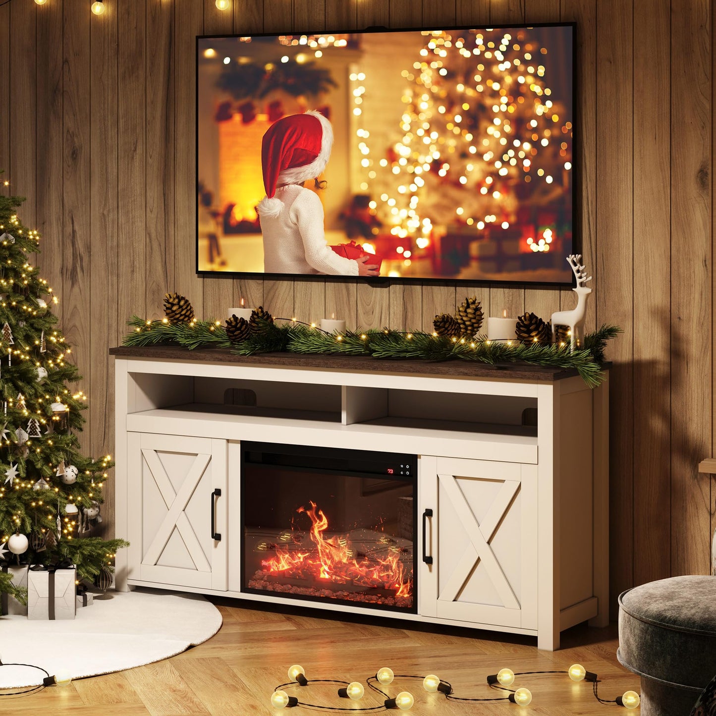 BELLEZE 58" Farmhouse Fireplace TV Stand for TVs up to 65", 23" Electric Fireplace Heater with Sound, Entertainment Center Media Console Table Barn Door Storage Cabinets for Living Room - White