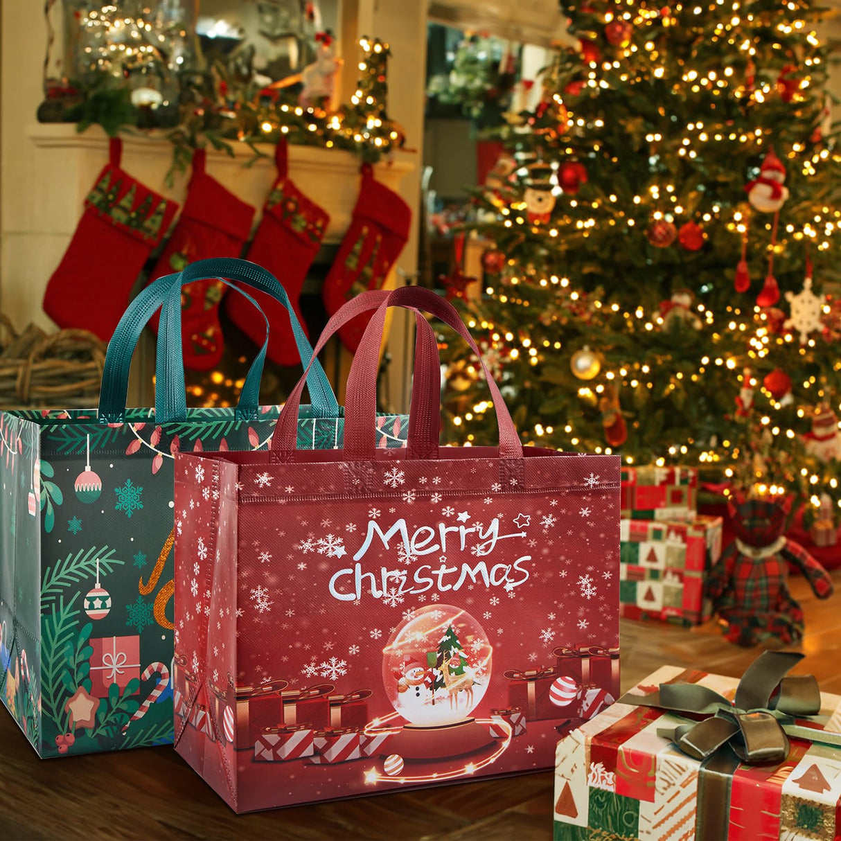 YANGTE 8 Pack Christmas Gift Bags with Handles, Large Non-Woven Tote Bags for Wrapping Xmas Party Favors, 12.8"x9.8"x6.7 YANGTE
