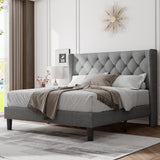 Feonase Queen Bed Frame with Upholstered Wingback Headboard, Platform Bed and Heavy Duty Wooden Slats Support, Easy Assembly, Noise-Free, No Box Spring Needed, Light Gray Feonase