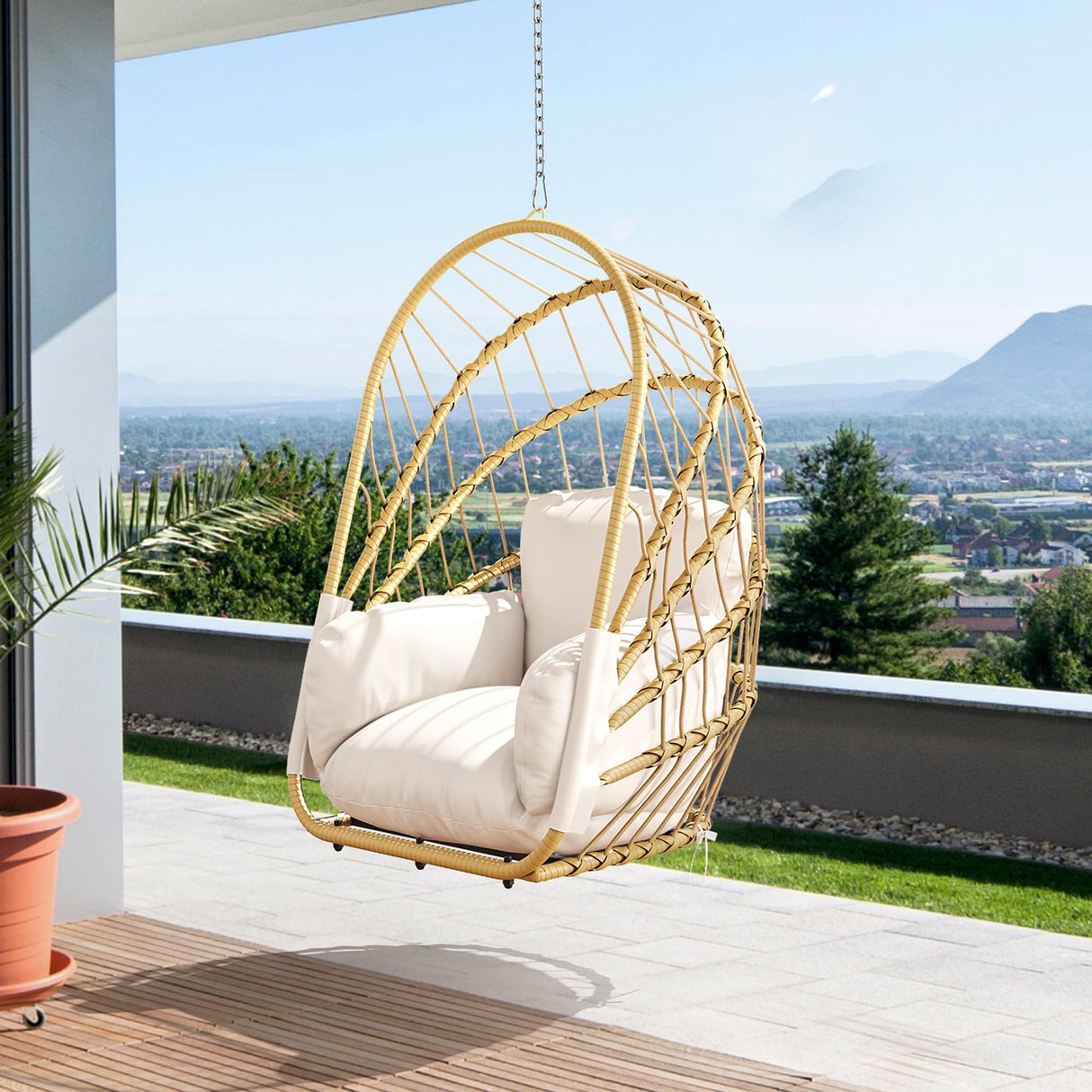 YITAHOME Hanging Egg Chair Without Stand, Rattan Wicker Swing Egg Chair with Resistant Cushion, 300lbs Capacity, Foldable Hanging Basket Chair for Porch, Garden, Bedroom, Balcony - Beige YITAHOME
