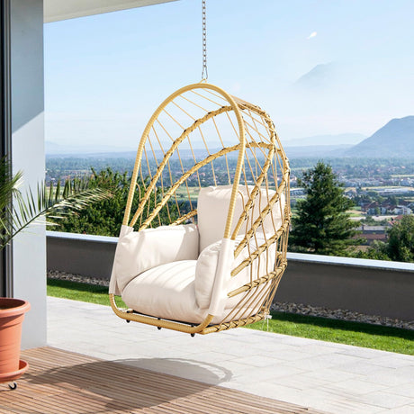 YITAHOME Hanging Egg Chair Without Stand, Rattan Wicker Swing Egg Chair with Resistant Cushion, 300lbs Capacity, Foldable Hanging Basket Chair for Porch, Garden, Bedroom, Balcony - Beige YITAHOME