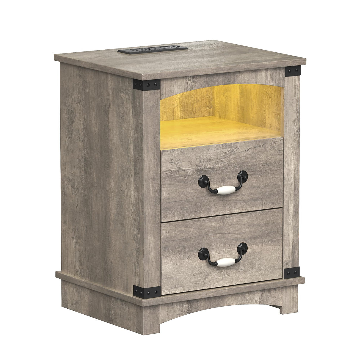 Maupvit Farmhouse Night Stand with Charger Station & Ceramic Handle, Wood Nightstand with 2 Storage Drawers, LED Bedroom Nightstand, Bedside Tables, Grey Maupvit