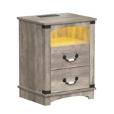 Maupvit Farmhouse Night Stand with Charger Station & Ceramic Handle, Wood Nightstand with 2 Storage Drawers, LED Bedroom Nightstand, Bedside Tables, Grey Maupvit