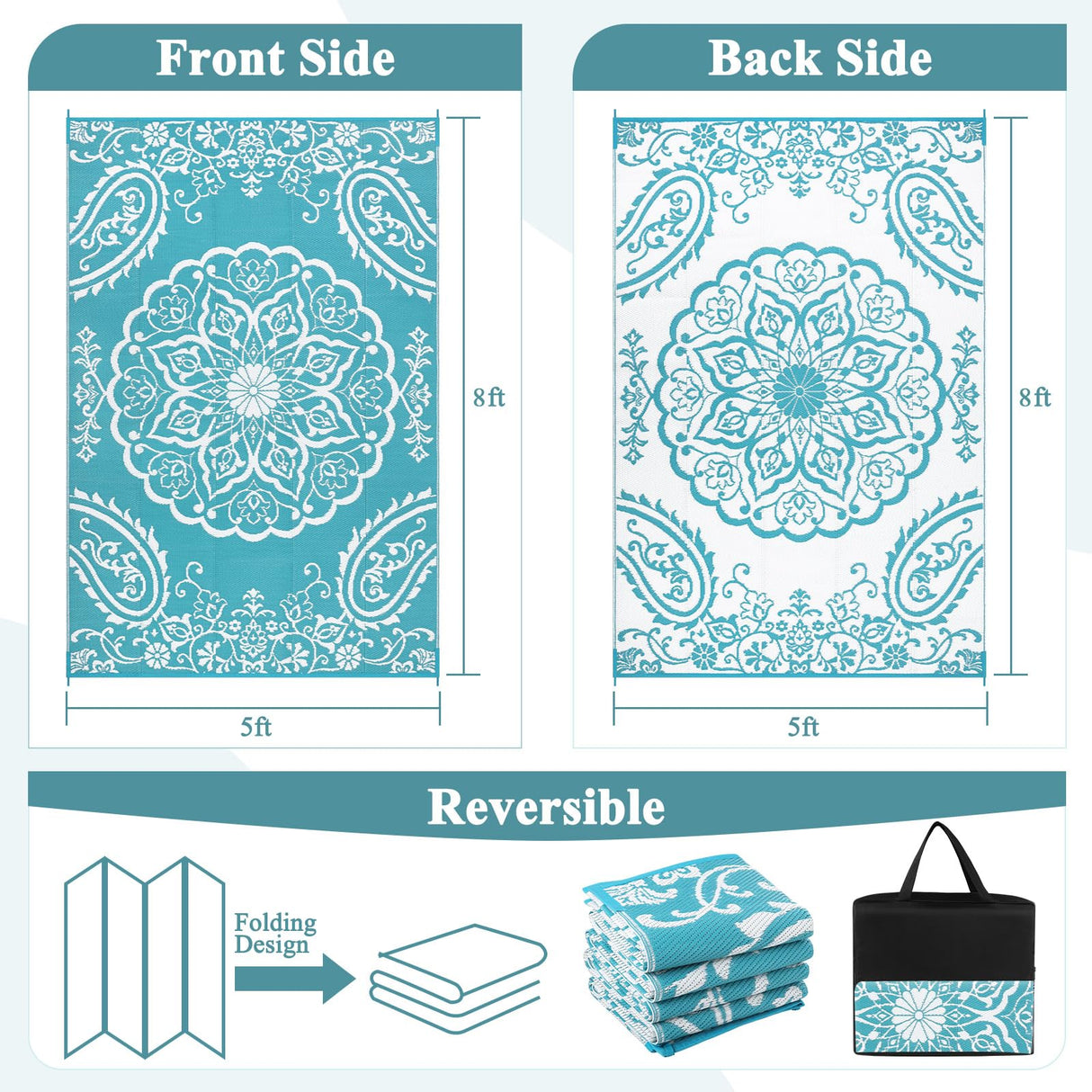 Pauwer Waterproof Outdoor Rug 5x8, Reversible Plastic Straw Patio Camping Rug, Indoor Outdoor RV Mat Carpet for Deck, Camper, Porch, Balcony, Backyard, Picnic, Boho Teal Pauwer