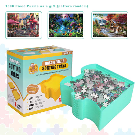 8 Stackable Puzzle Shaped Sorting Trays - Plus Included 1000 Piece Puzzle - Organize Puzzles Up to 1500 Pieces (Blue) Nautical Beach Decor