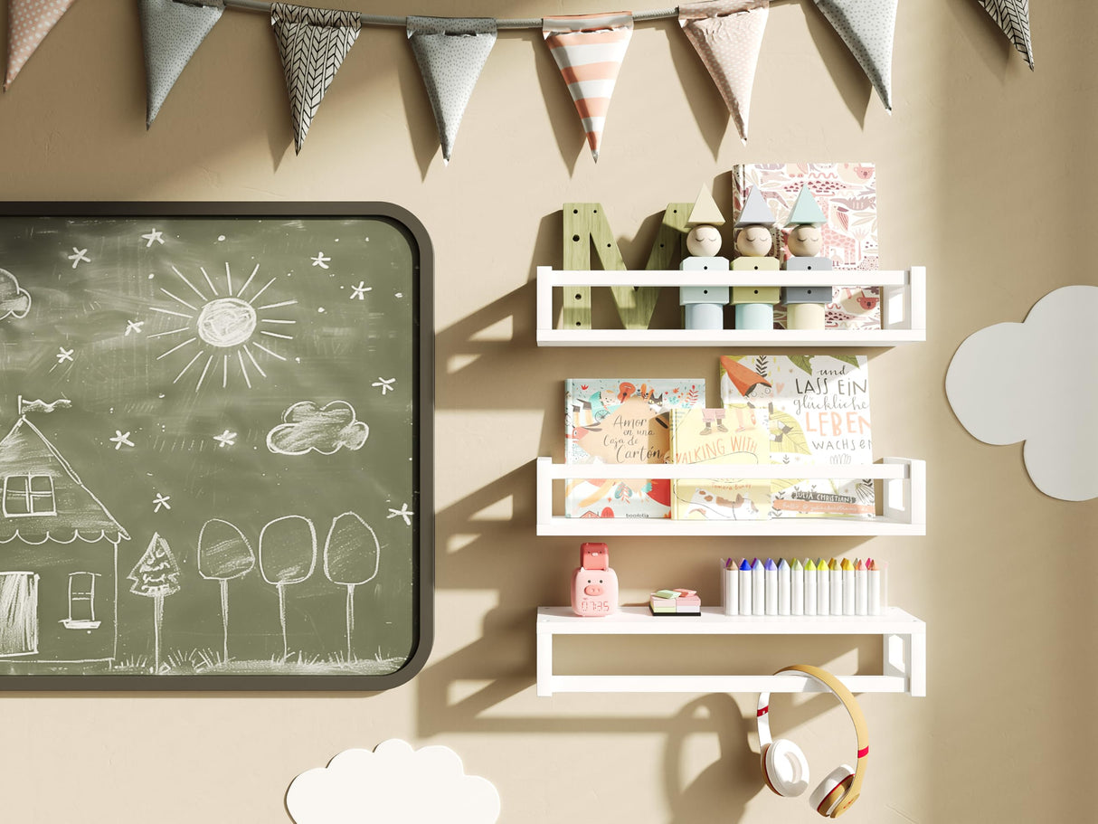 TidyCorner Upgraded Thick Floating Shelves - Multi-Use Wall-Mounted Bookshelves for Kids and Nursery, Ideal for Books, Toys, Spice Rack, Decor - White TidyCorner