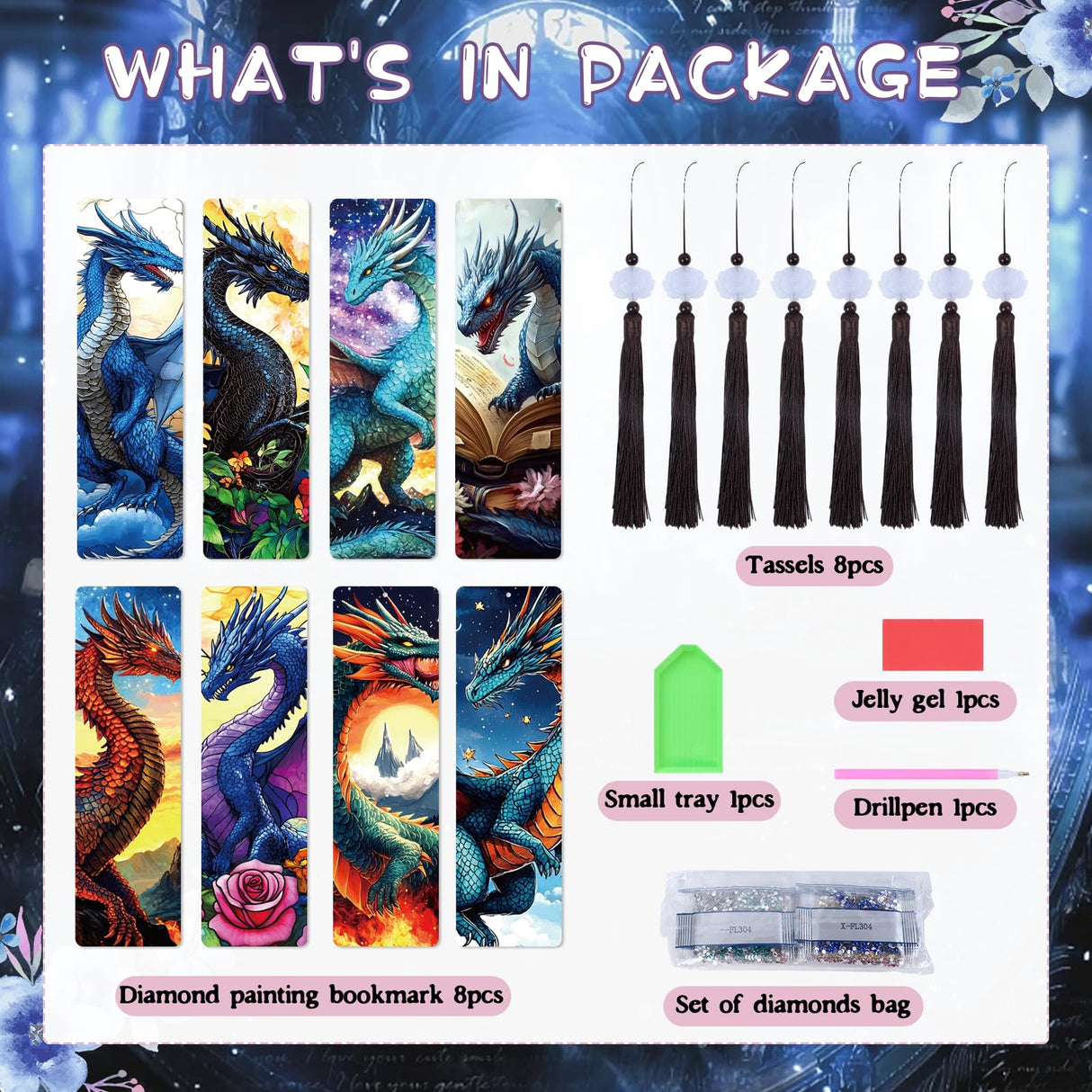 Dragon Diamond Art Bookmarks - 8 Pcs Legend Animal Dragon Diamond Painting Bookmarks with Tassels, DIY Gem Art Crafts for Adults Sitsink
