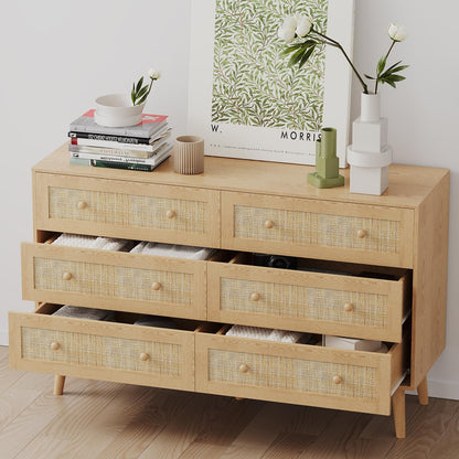 6 Drawer Rattan Dresser for Bedroom, Modern Natural Wooden Dresser, Beside Table for Closet, Boho Chests of Double Drawers for Bedroom, Living Room, Entryway, Hallway