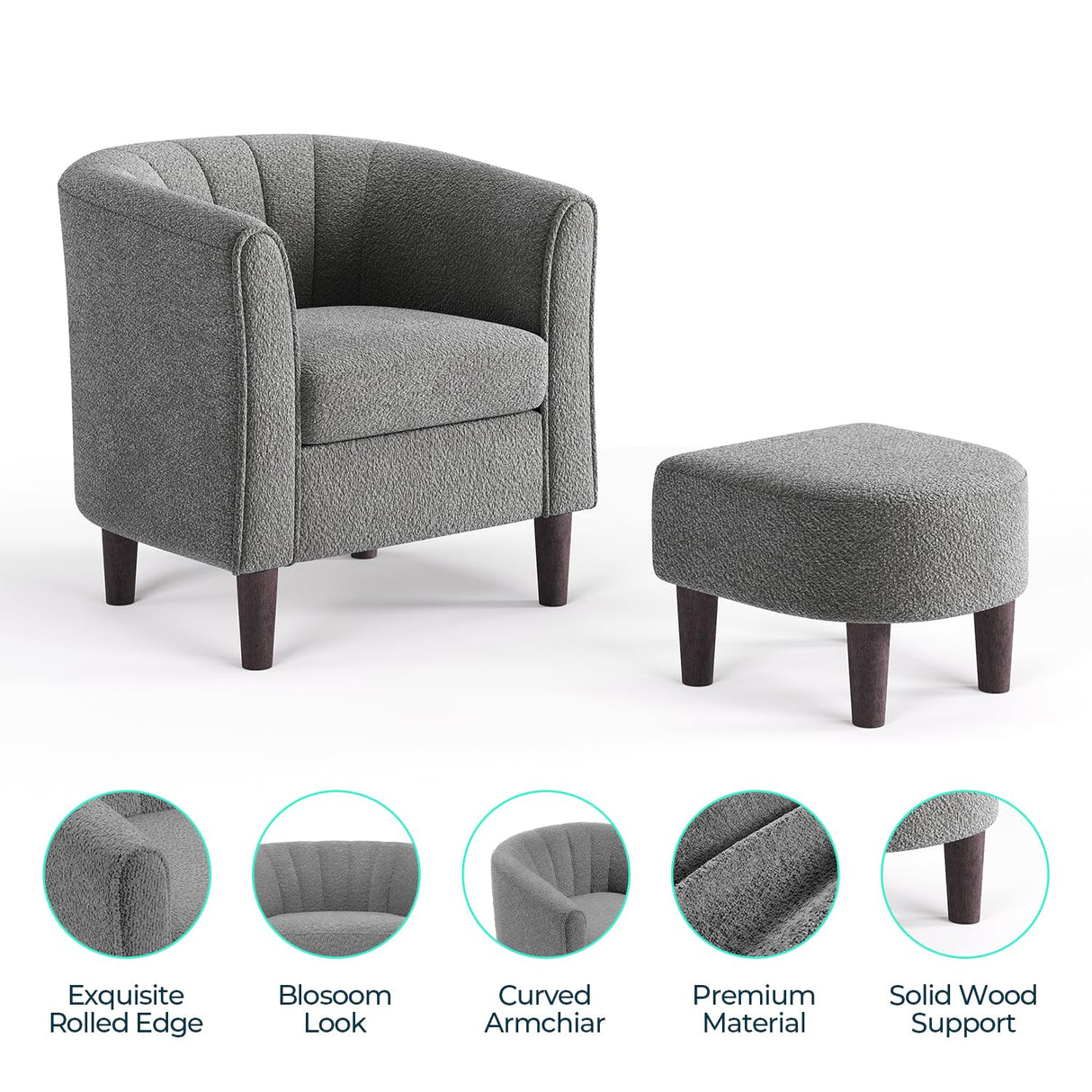 LINSY Accent Chair Ottoman Set: Chenille Barrel Chair with Foot Rest, Mid-Century Modern Small Reading Chair Upholstered Armchair with Footrest for Living Room Bedroom Study Room Office LINSY