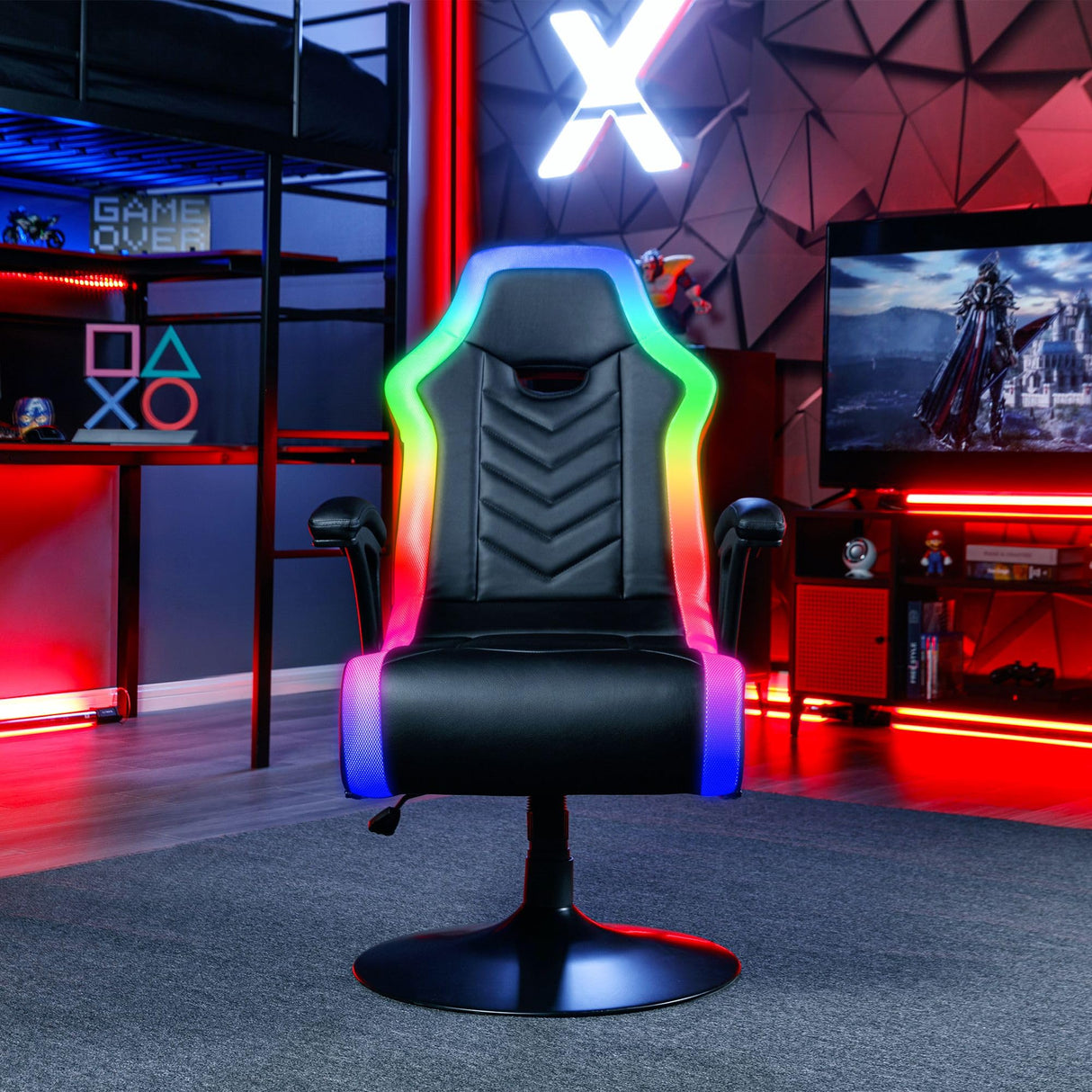 X Rocker Prism RGB LED Lounging Video Gaming Pedestal Chair with Armrests, Wireless Bluetooth Audio, Foldable, Vegan Leather, Amazon Exclusive, Black X Rocker