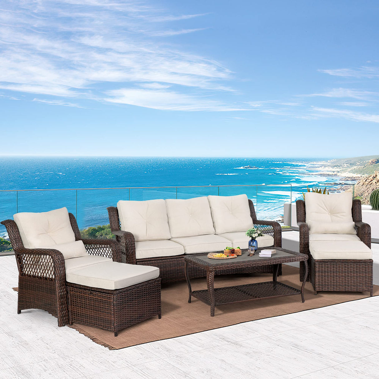 HOMREST 6 Pieces Patio Furniture Set, Wicker Patio Conversation Sets, Outdoor Sectional Rattan Sofa Chairs with Coffee Table, High Back, Ottoman, Cushions for Porch, Deck, Garden, Backyard (Beige) HOMREST