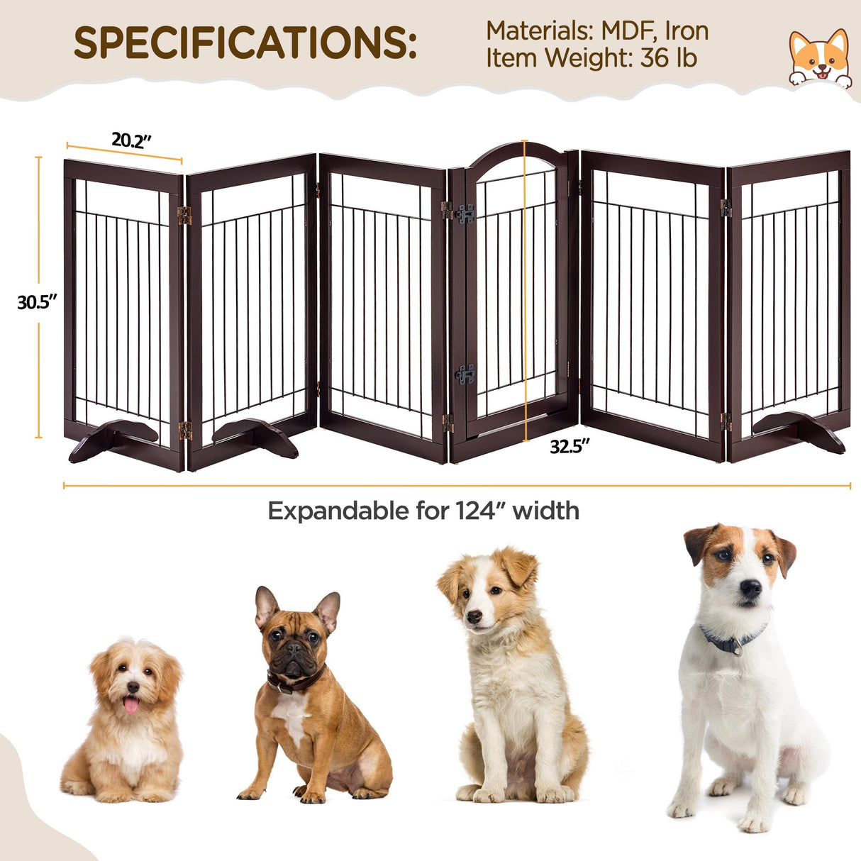 Yaheetech 32-inch Tall Dog Gate with Door Extra Wide Pet Gate for Dogs, Foldable Wire & Wooden Puppy Safety Fence w/3 Support Feet,Freestanding Dog Gate for the House,Doorway,Stairs(Espresso,6 Panels) Yaheetech