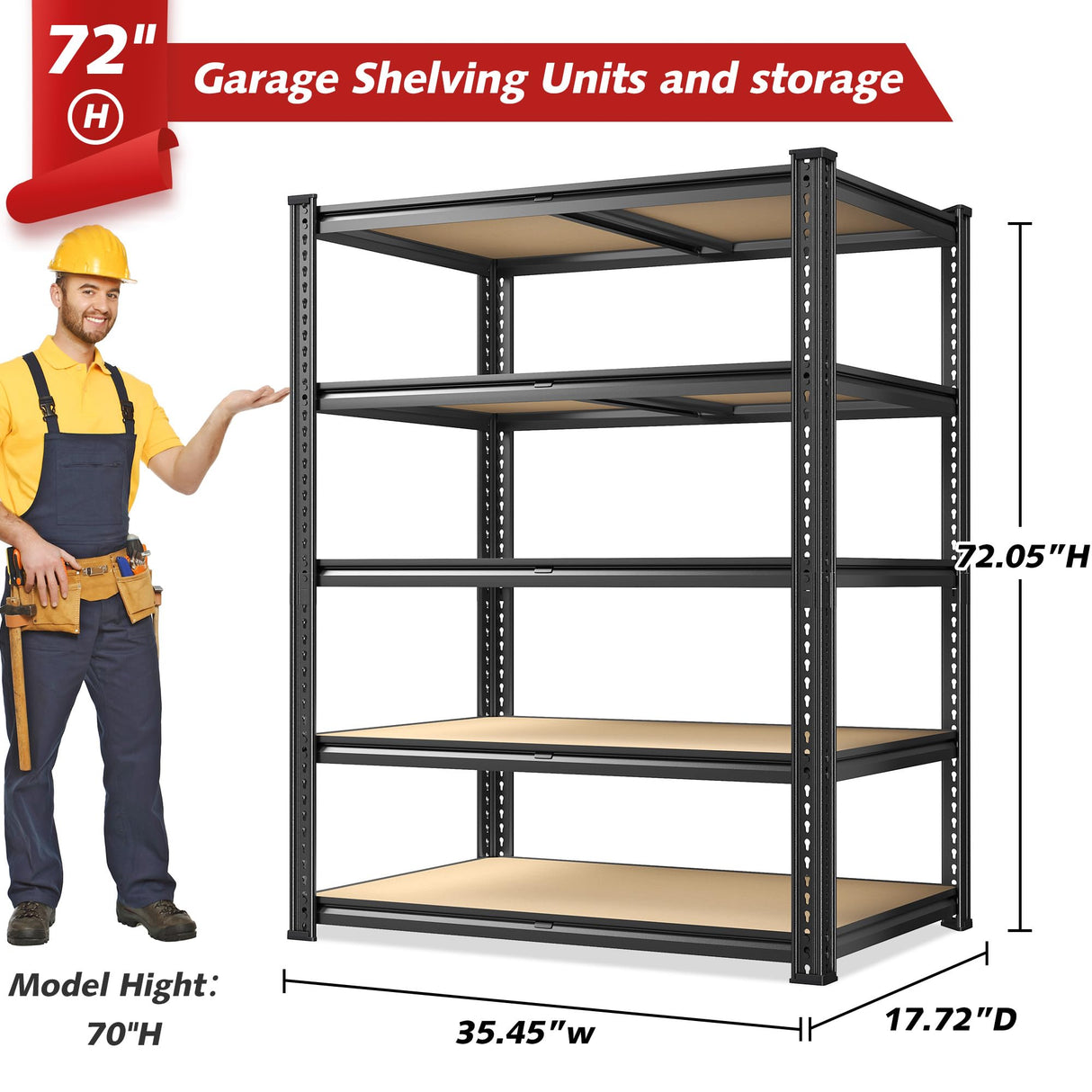 REIBII 72" H Storage Shelves 2300LBS Heavy Duty Garage Shelving Adjustable 5 Tier Garage Storage for Garage Kitchen Basement Industrial Metal Shelf Organizer Black REIBII