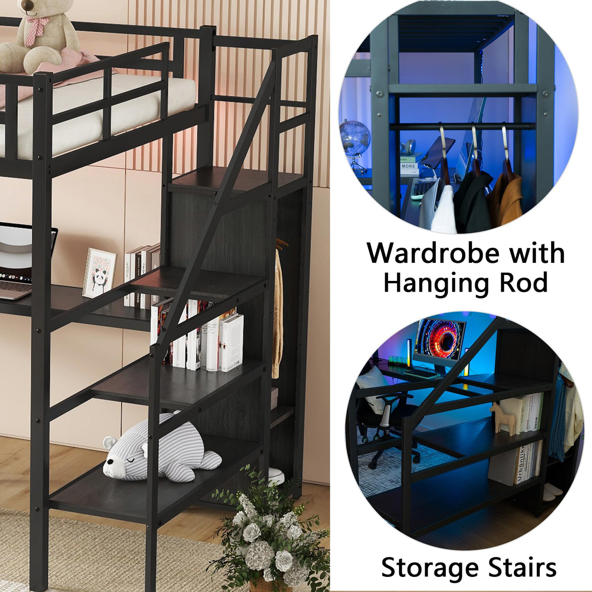 Full XL Loft Bed with Stairs and Wardrobe, Metal Loft Bed with Desk and Storage Stairs, RGB LED Loft Bed with Charging Station(USB Port, Outlets) (Full XL Loft Bed Black) Bellemave