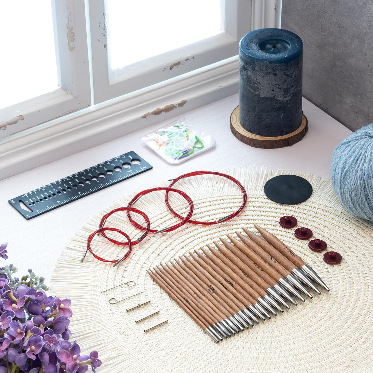 Ruidi Premium Beechwood & Steel Interchangeable Knitting Needles Set - 10 Sizes (3.5-10.0mm) with 4 Cables & Navy Blue Leather Case | Double-Lock Ergonomic Design RUIDI