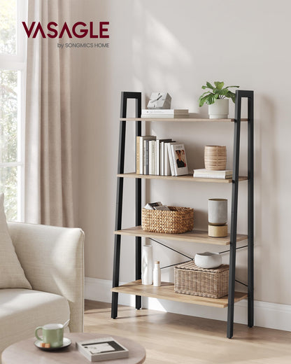 VASAGLE Ladder Shelf, 4-Tier Bookshelf, Storage Rack, Bookcase with Steel Frame, for Living Room, Home Office, Kitchen, Bedroom, Industrial Style, Camel Brown and Black ULLS144B50