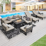 BULEXYARD 11 Piece Modern Aluminum Outdoor Patio Furniture Set with Lounger & Fire Pit Table, Extra Large All-Weather Modular Sectional Couch, 29" Wide Deep Seating Conversation Sofa for Garden, Beige BULEXYARD