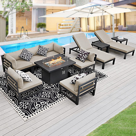 BULEXYARD 11 Piece Modern Aluminum Outdoor Patio Furniture Set with Lounger & Fire Pit Table, Extra Large All-Weather Modular Sectional Couch, 29" Wide Deep Seating Conversation Sofa for Garden, Beige BULEXYARD