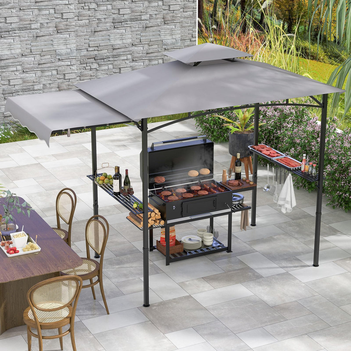 CLEEMAN Grill Gazebo,10.5 x 5 FT Grill Canopy, Double-Tiered Top, 2 Side Shelves, Extended Side Awnings &12 Hanging Hooks, BBQ Metal Gazebo, Grill Tent, Outdoor Gazebo for Patio Backyard Garden CLEEMAN