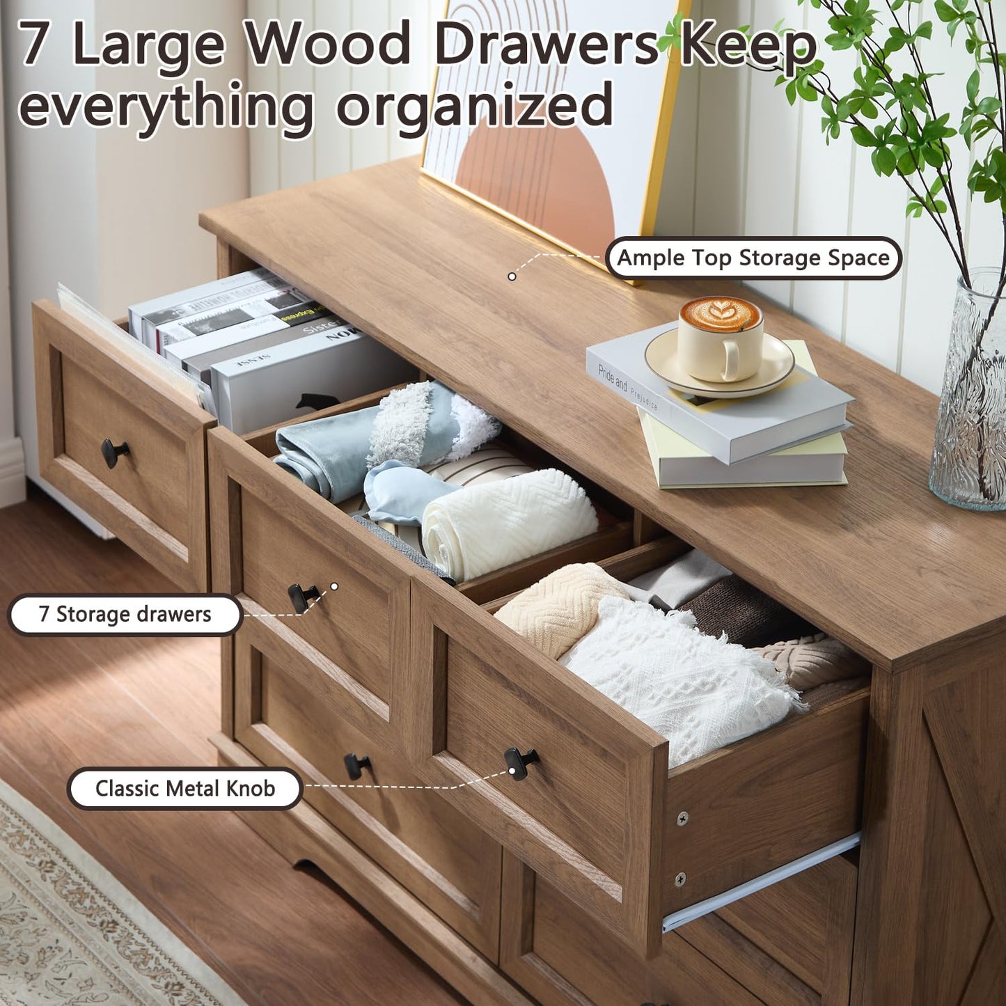 LDTTCUK Dresser for Bedroom with 7 Deep Drawers, Modern Dresser with Charging Station 7 Chest of Drawers, Wood Storage Organizer Dresser, Nursery Dresser for Living Room, Hallway, Natural Oak