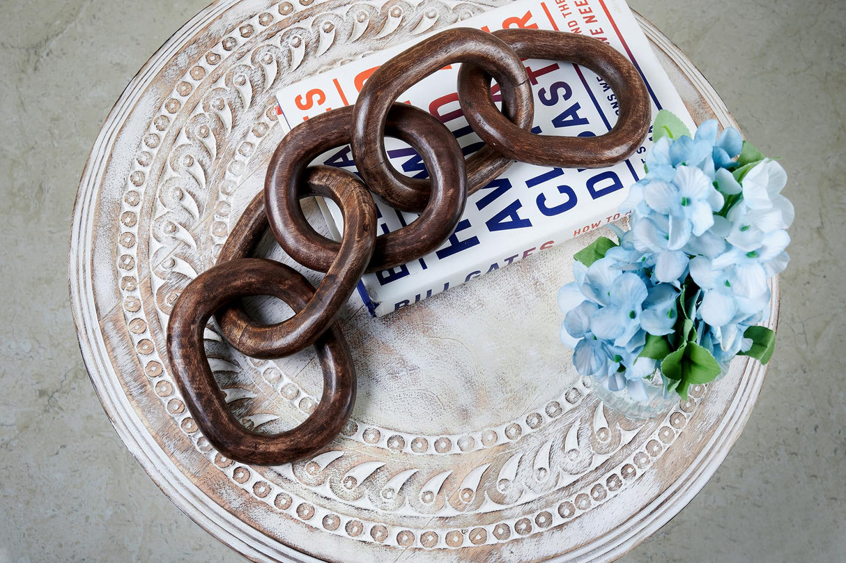 Eximious India Wood Chain Link Decor Hand Carved 5-Link Wood Knot Decorative Chain, Rustic Wood Link Decorative Object Large Wooden Chain for Home Living Room Coffee Table Farmhouse Walnut Eximious India