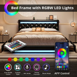 LIKIMIO Black PU Leather Full Size Bed Frame with LED Lights and 4 Storage Drawers LIKIMIO